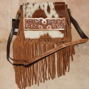 Genuine Cowhide Leather Shoulder Bag, Hand-Tooled Bag with Fringes